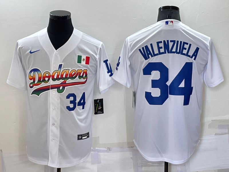 Men Los Angeles Dodgers 34 Valenzuela White rainbow Nike 2022 MLB Jersey1